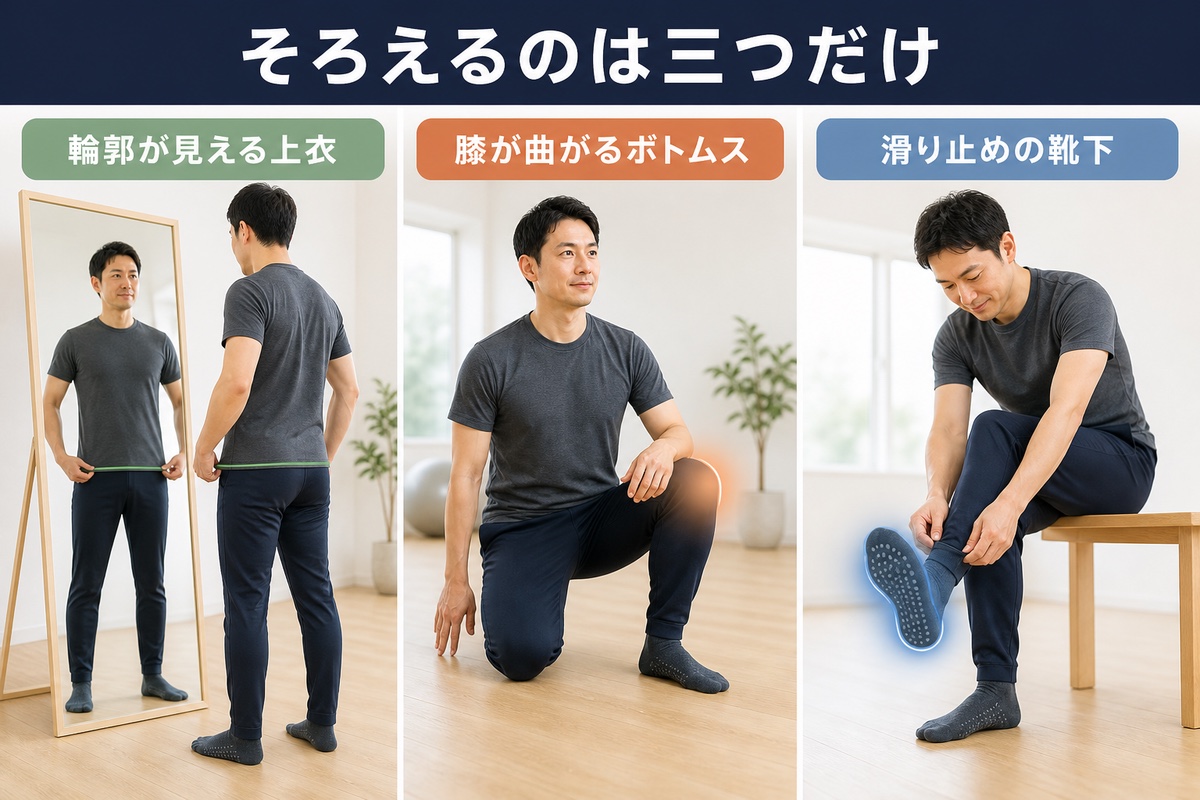 男性の服装と持ち物。動きやすい上下、滑り止めのついた靴下、飲みもの