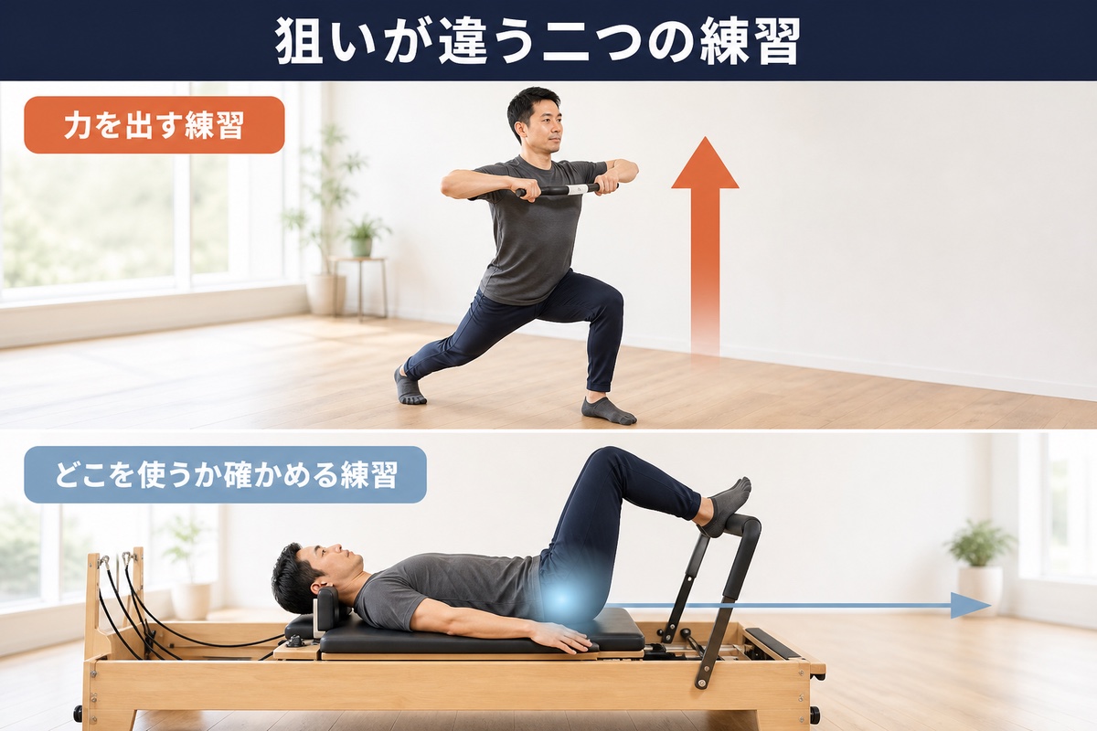 筋力トレーニングとピラティスの違い。力を出す練習と、どこを使うかを確かめる練習