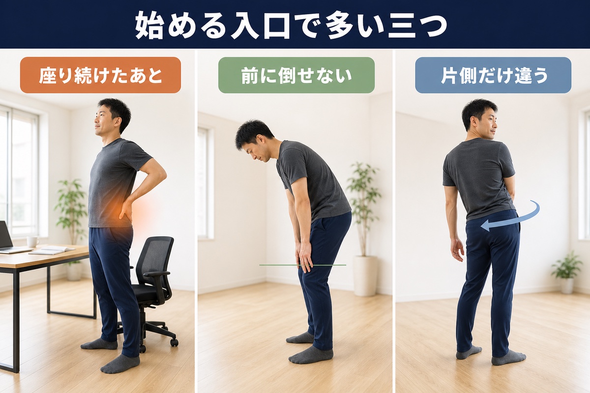 男性が始める理由で多い3つ。腰まわりの張り、身体の硬さ、片側だけの違和感