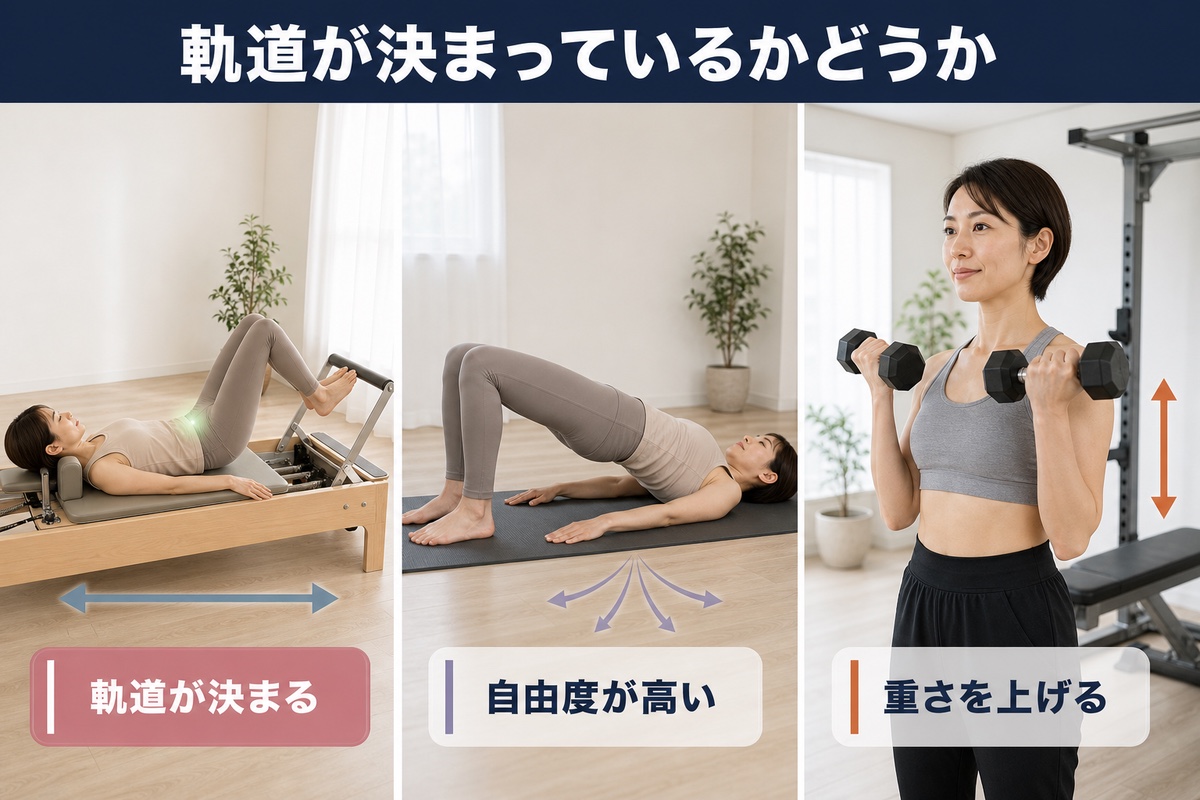マットとの違いは軌道が決まっているかどうか。マシンは軌道が決まり、マットは自由度が高く、重さを上げられる