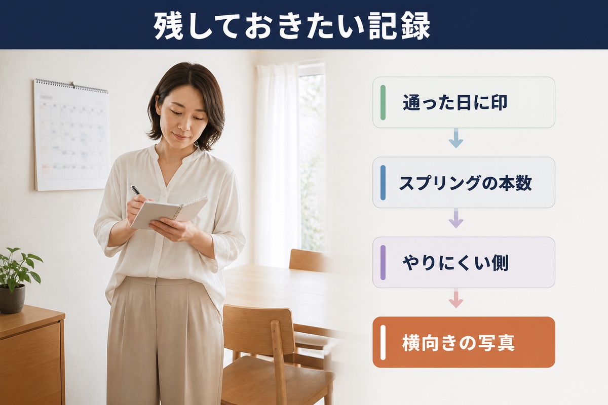 残しておきたい記録。通った日に印、スプリングの本数、やりにくい側、横向きの写真