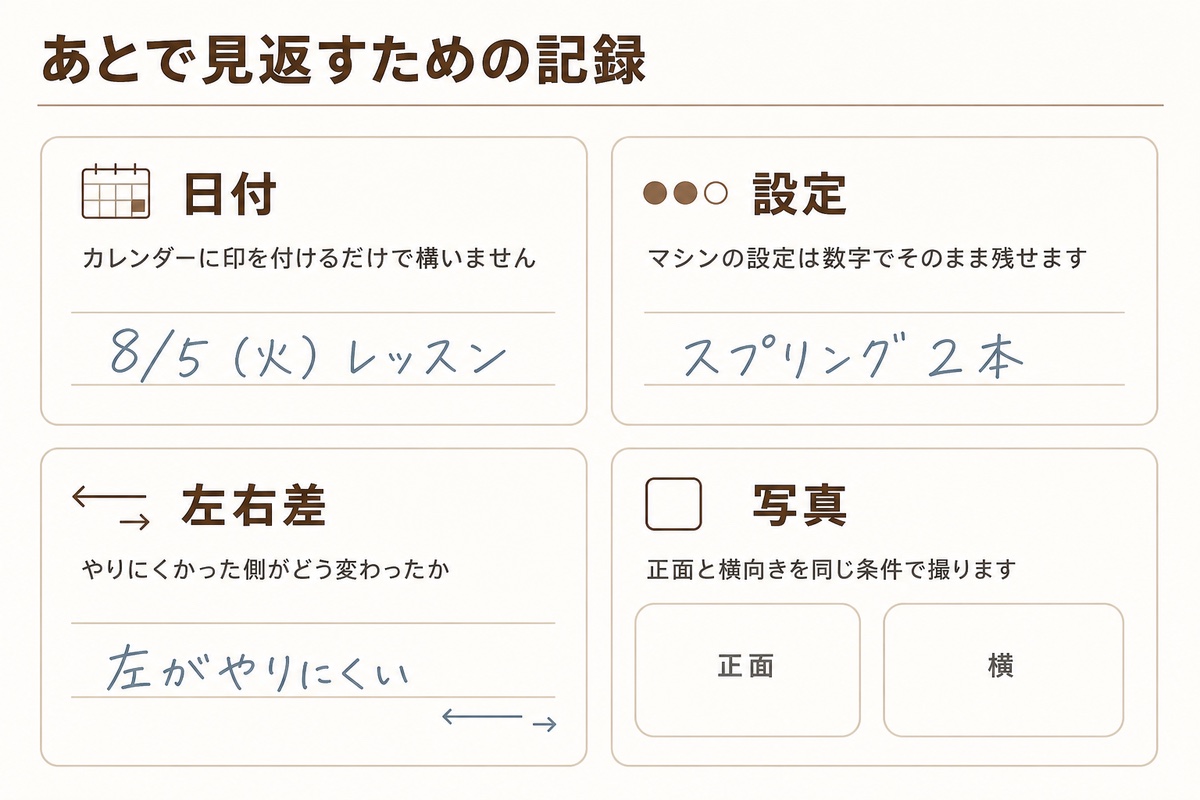 レッスン後に記録している場面を3カット並べた写真。ノートに日付を書く手元、姿見の前でスマートフォンを構える姿、スプリングの本数を指差す手元