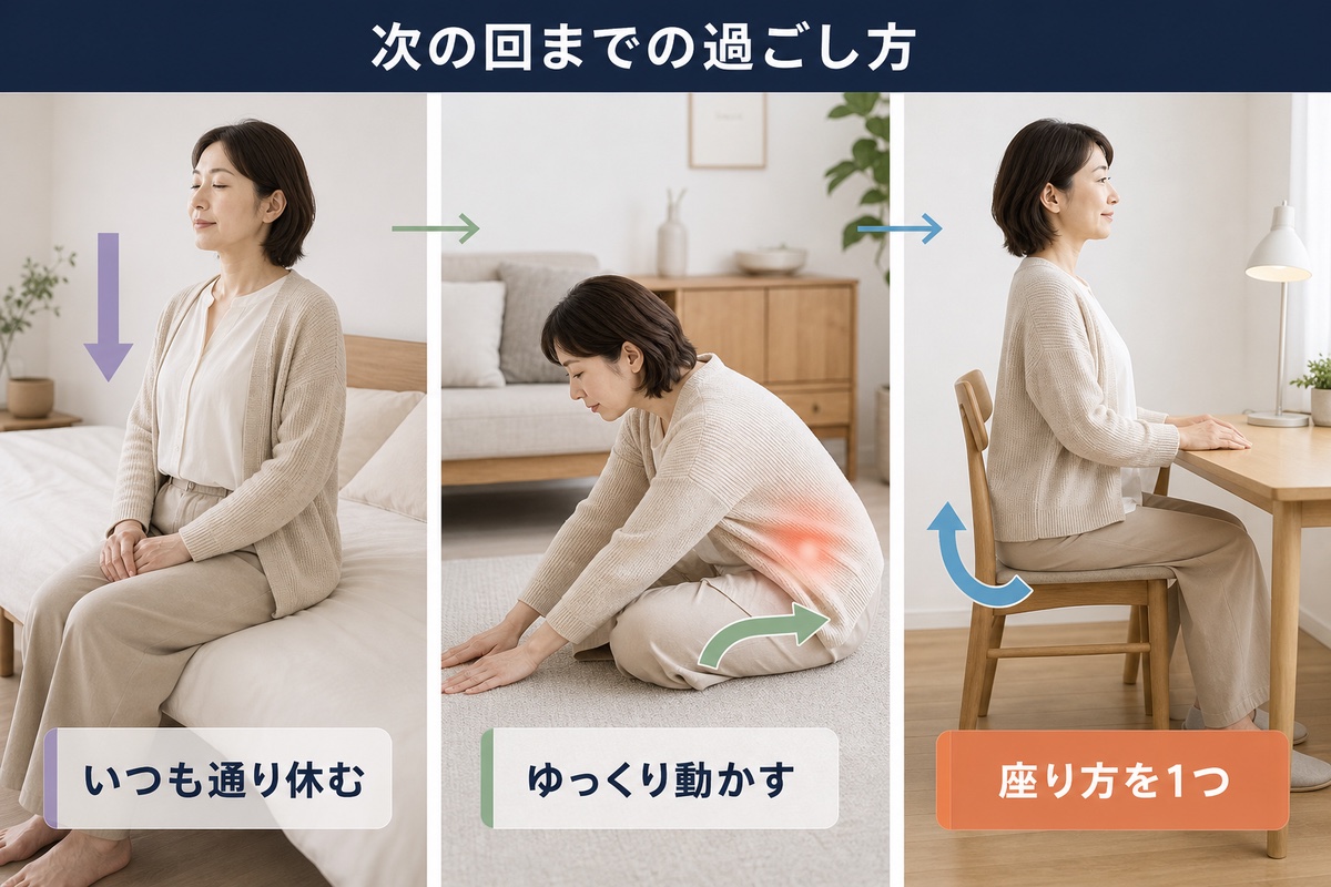 次の回までの過ごし方。いつも通り休む、教わった範囲でゆっくり動かす、座り方を1つだけ意識する