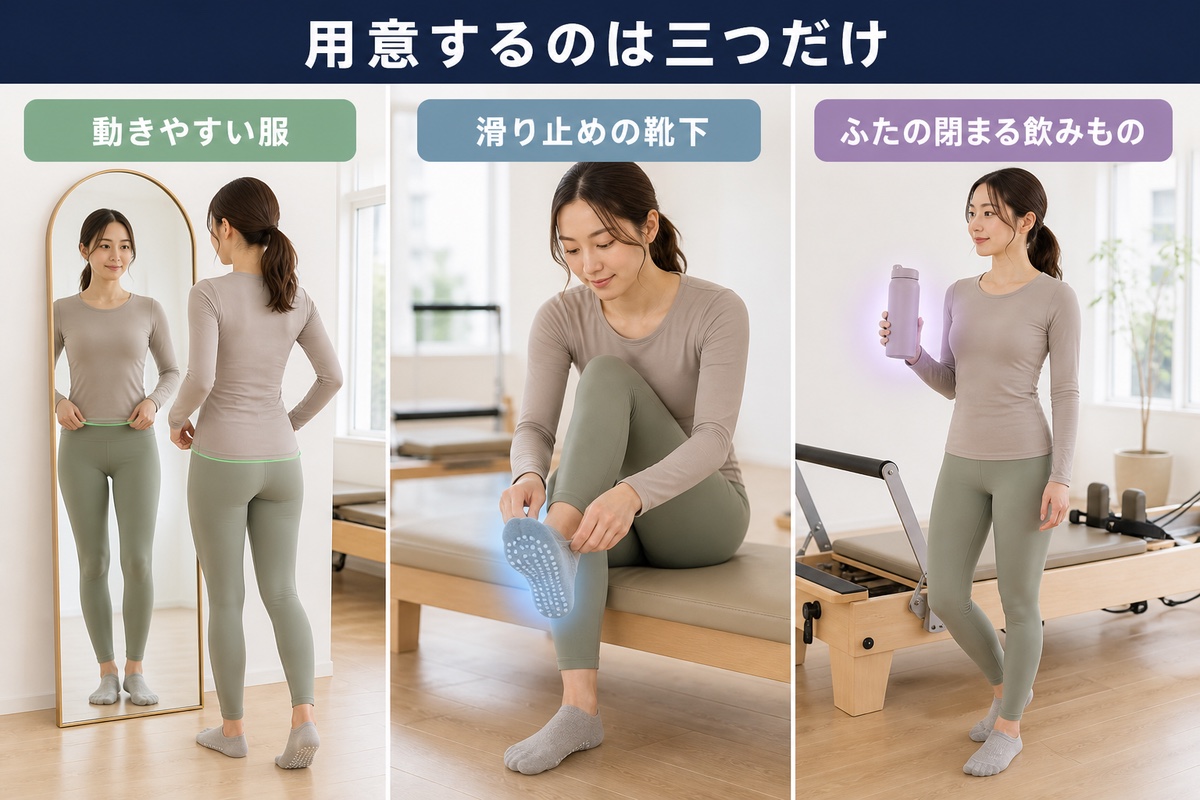 始める前に用意するもの。動きやすい服、滑り止めのついた靴下、飲みもの