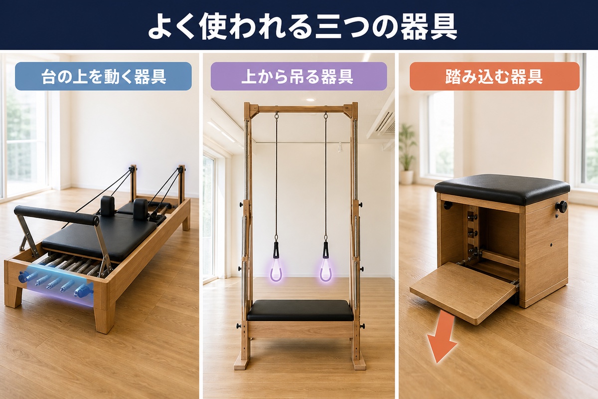 ピラティスマシンの種類。リフォーマー、上から吊る形の器具、椅子の形の器具