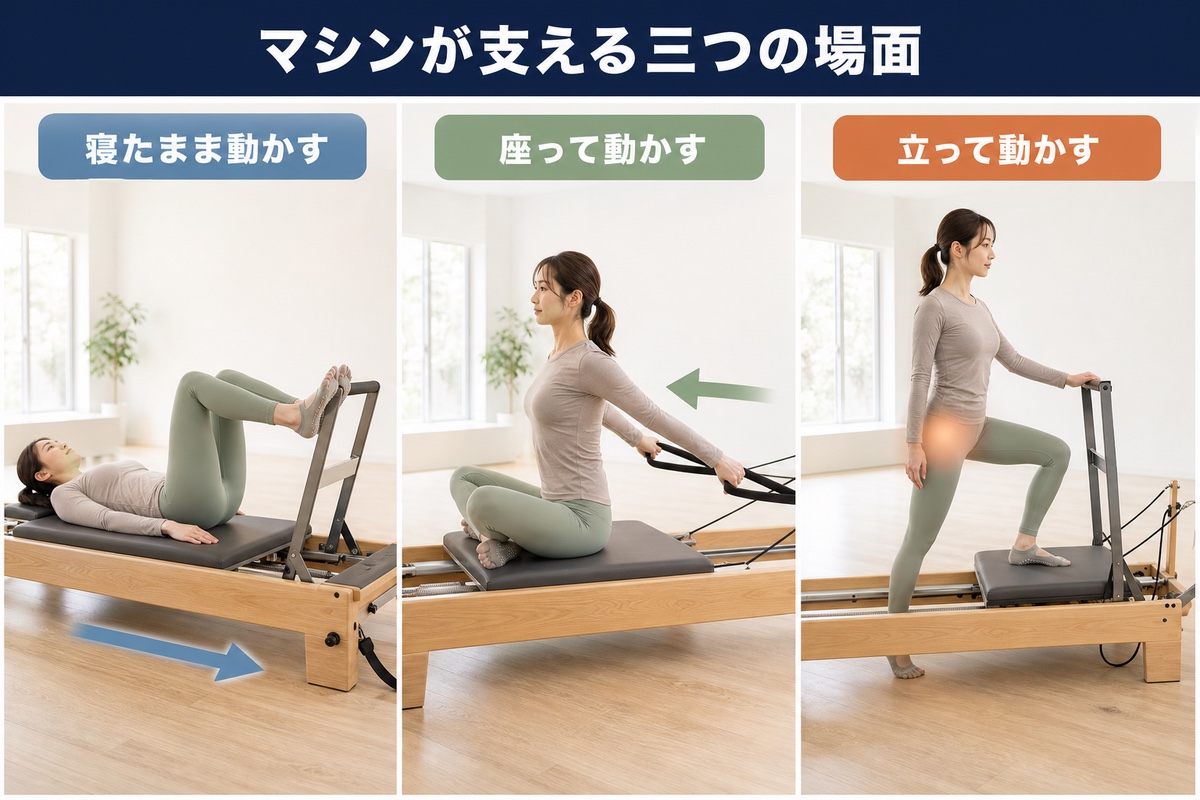 マシンピラティスとは。リフォーマーの上で、スプリングの助けを受けながら動く