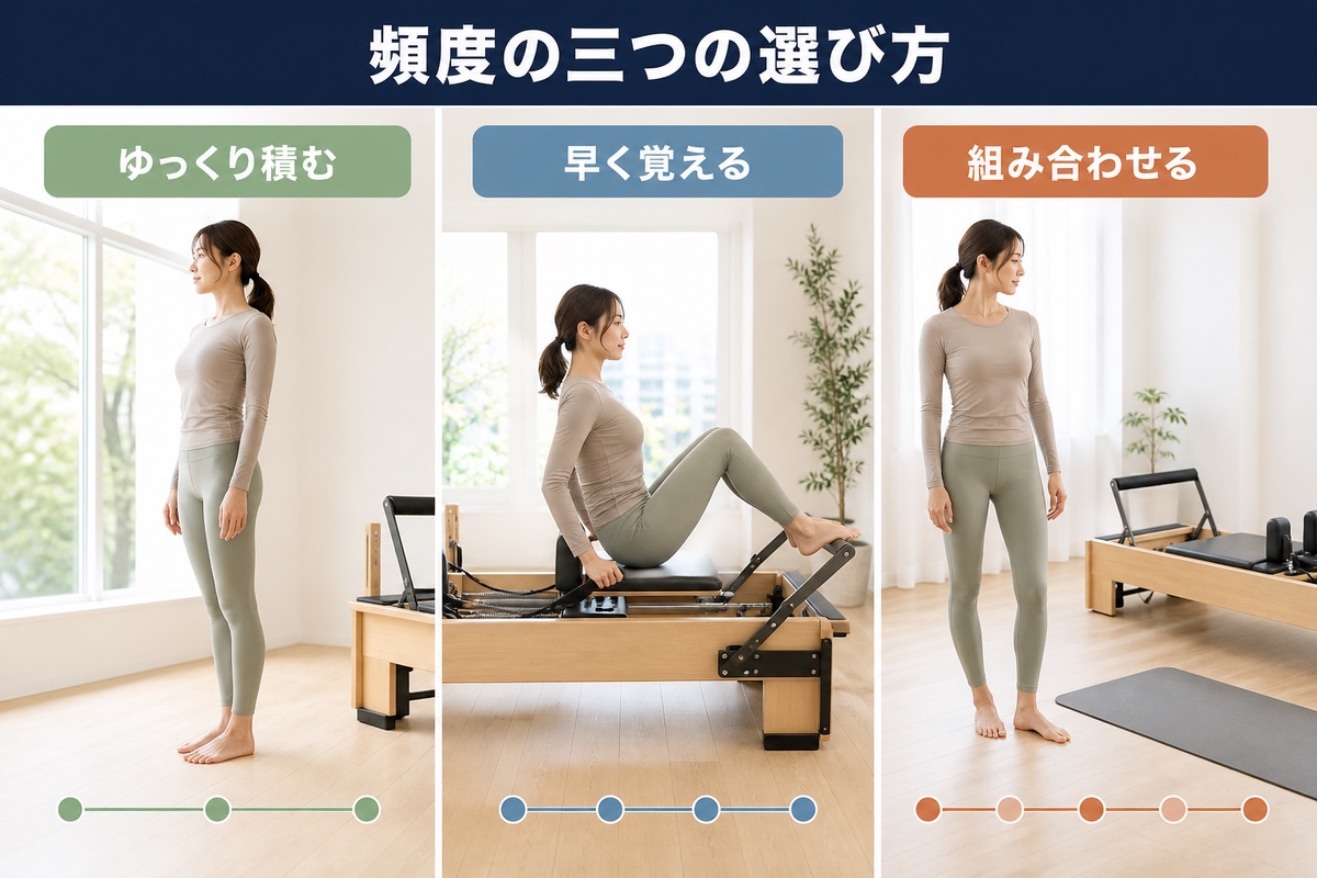 ピラティスの頻度の目安。週1回と週2回の置き方を並べた図