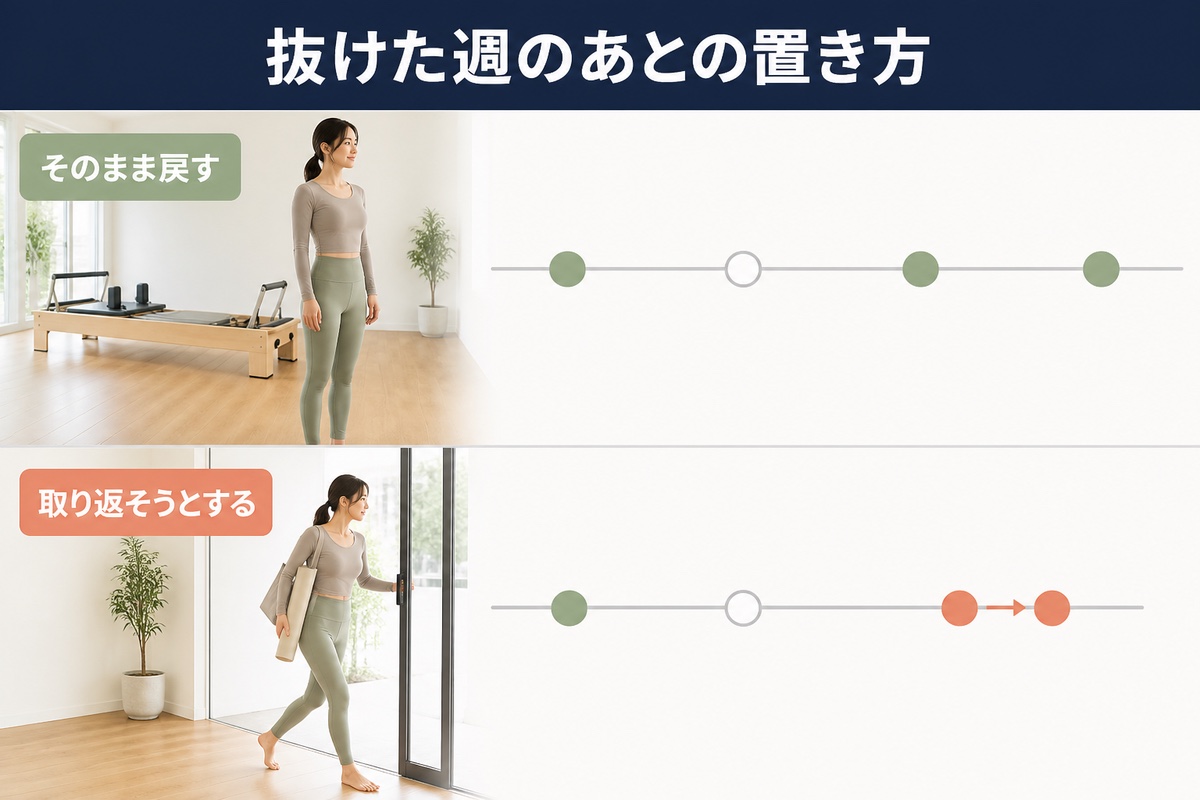 通えない週が出たときの戻し方。抜けた週の後に、元の間隔へ戻す図