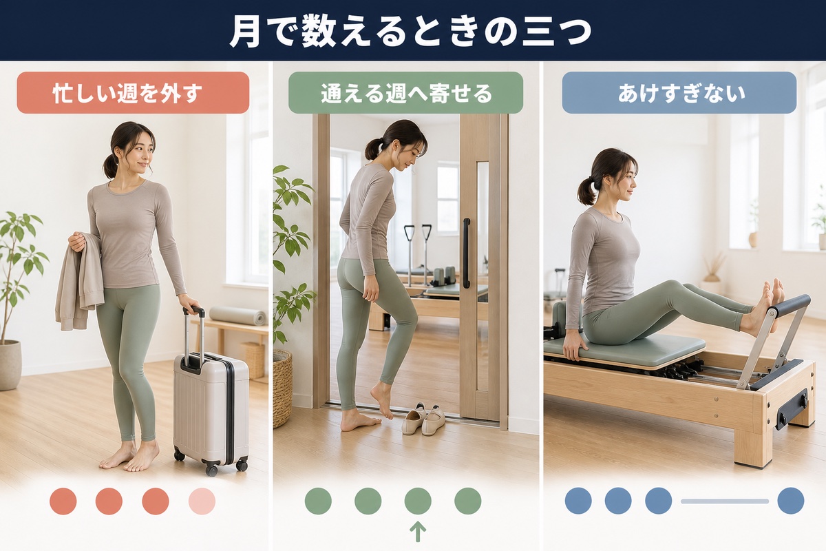 月単位で数える考え方。月4回を、通える週に寄せて配置する図