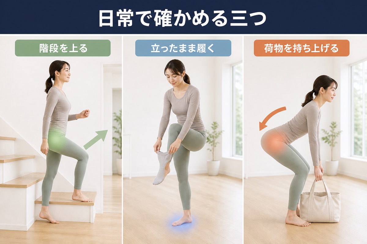 確かめる3つの場面。階段を上る、立ったまま靴下を履く、荷物を持ち上げる