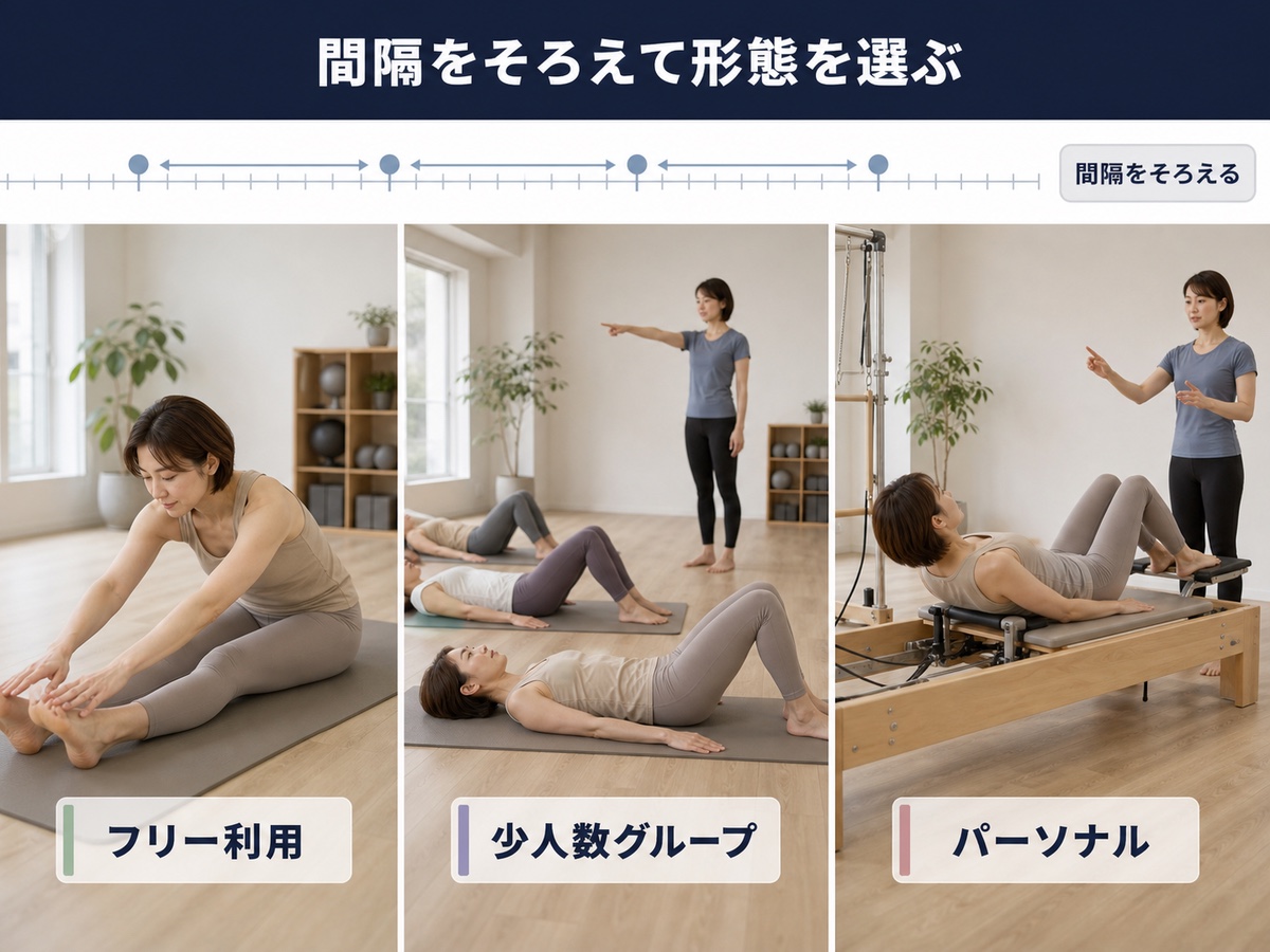間隔をそろえて形態を選ぶ。フリー利用・少人数グループ・パーソナル