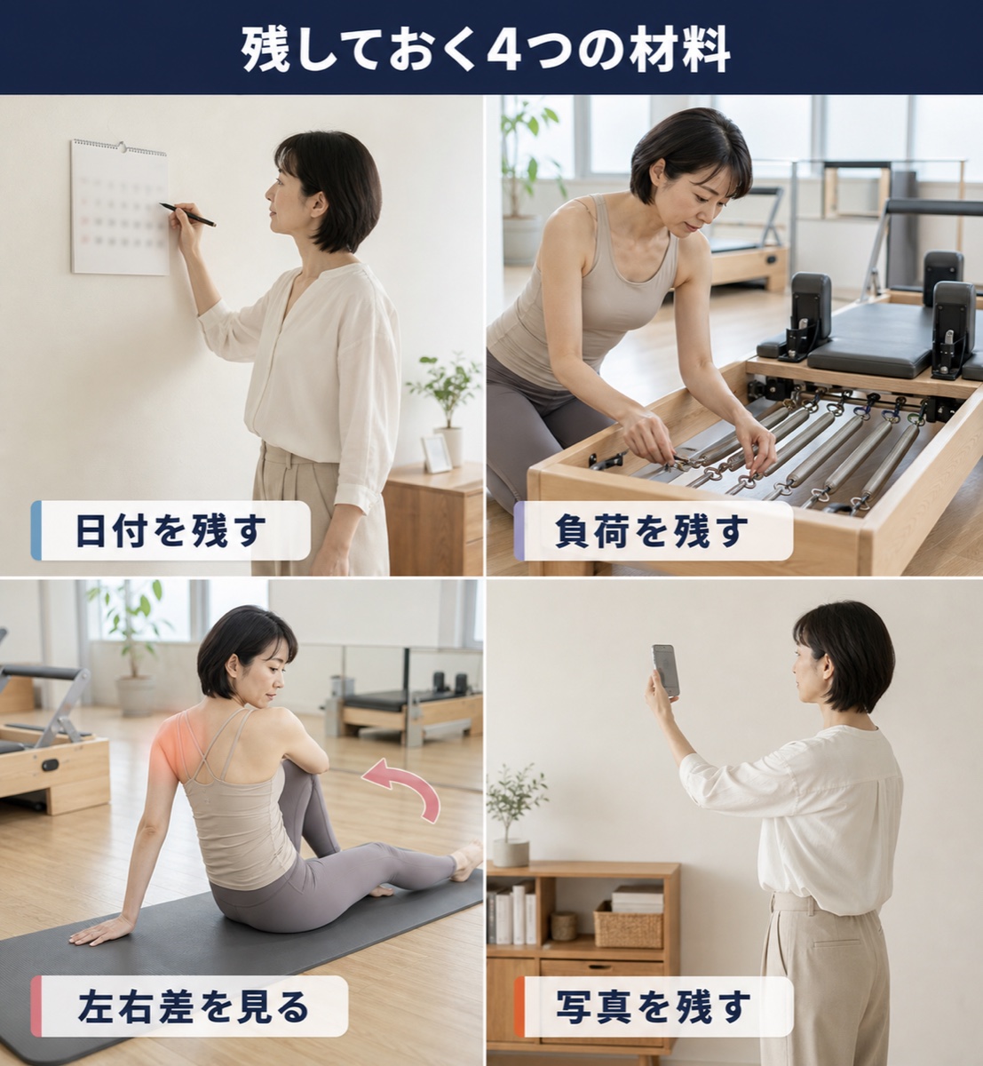 残しておく4つの材料。日付を残す、負荷を残す、写真を残す、左右差を見る