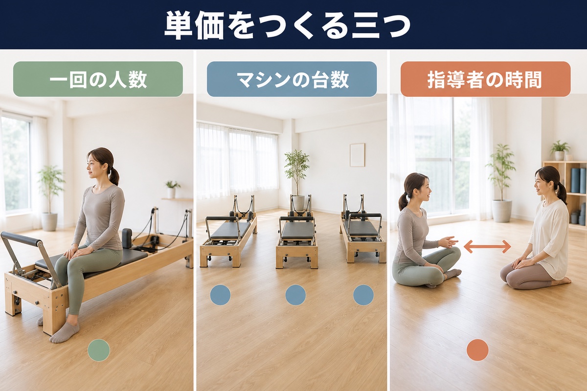 ピラティスの料金の中身。1回あたりの人数、マシンの台数、指導者の時間