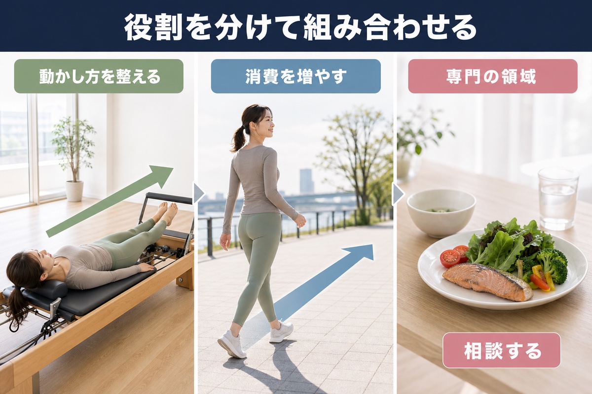 役割を分けて組み合わせる。動かし方を整える、歩く、食事は専門の領域