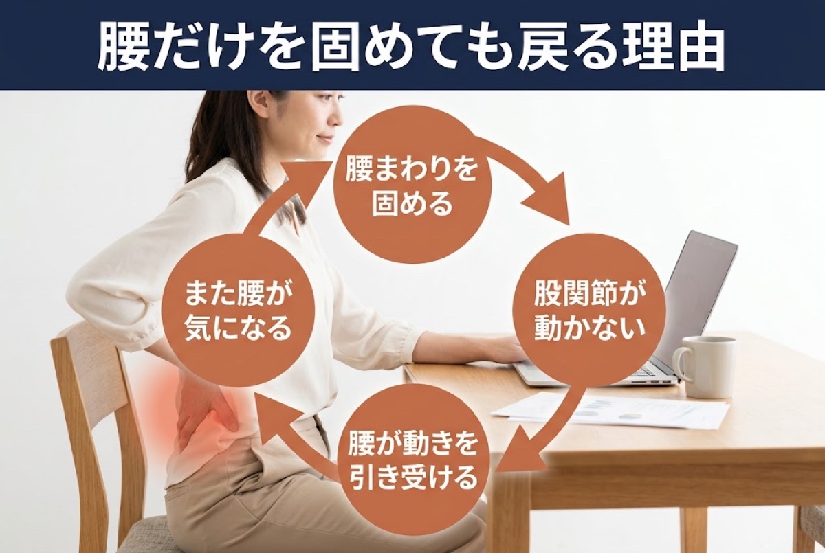 腰だけを固めても戻る流れ。腰まわりを固める、股関節が動かない、腰が動きを引き受ける、また腰が気になる