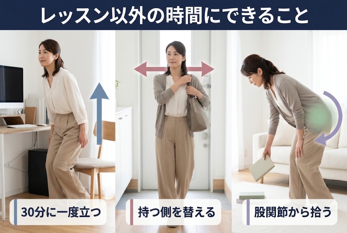 レッスン以外の時間にできること。30分に一度立つ、持つ側を替える、股関節から拾う