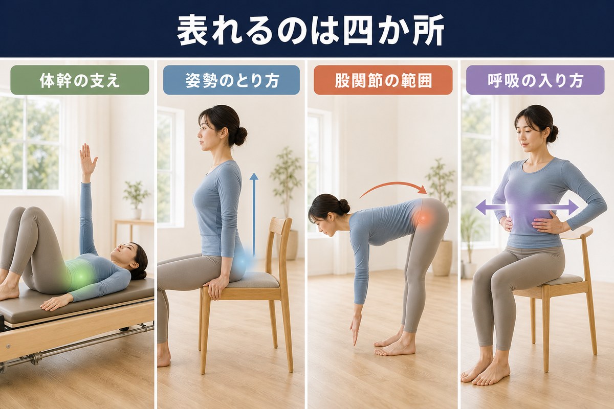 マシンピラティスの効果が表れる4か所。体幹まわりの支え、姿勢のとり方、股関節の動く範囲、呼吸の入り方