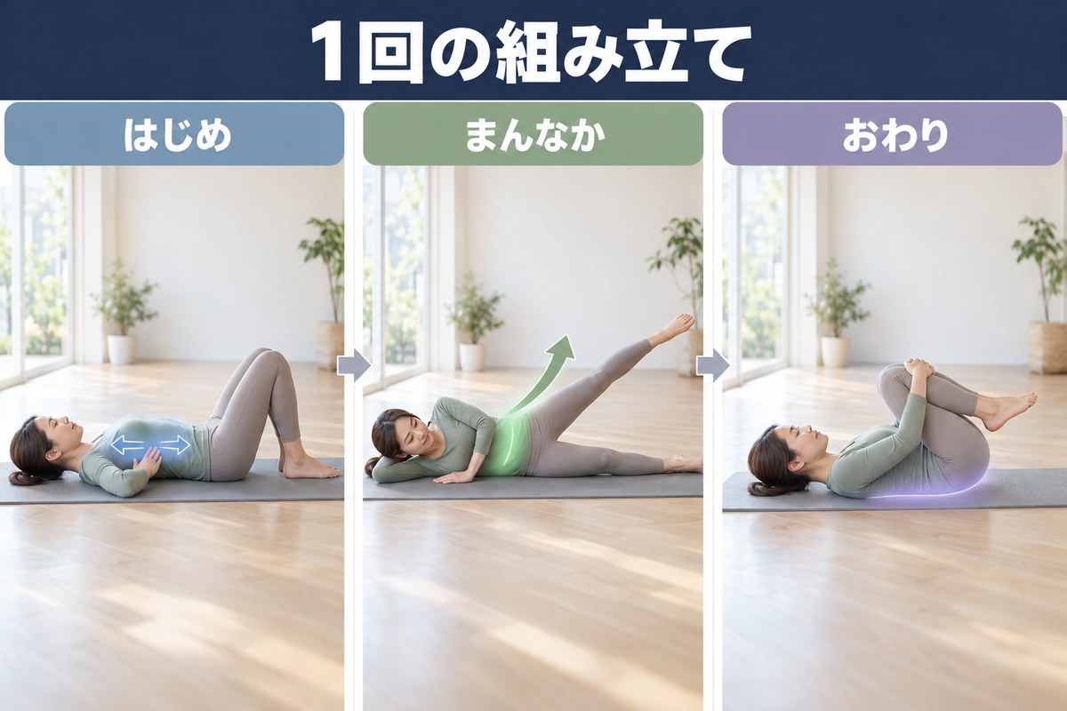 自宅での1回の組み立て。はじめ・まんなか・おわりの3段階