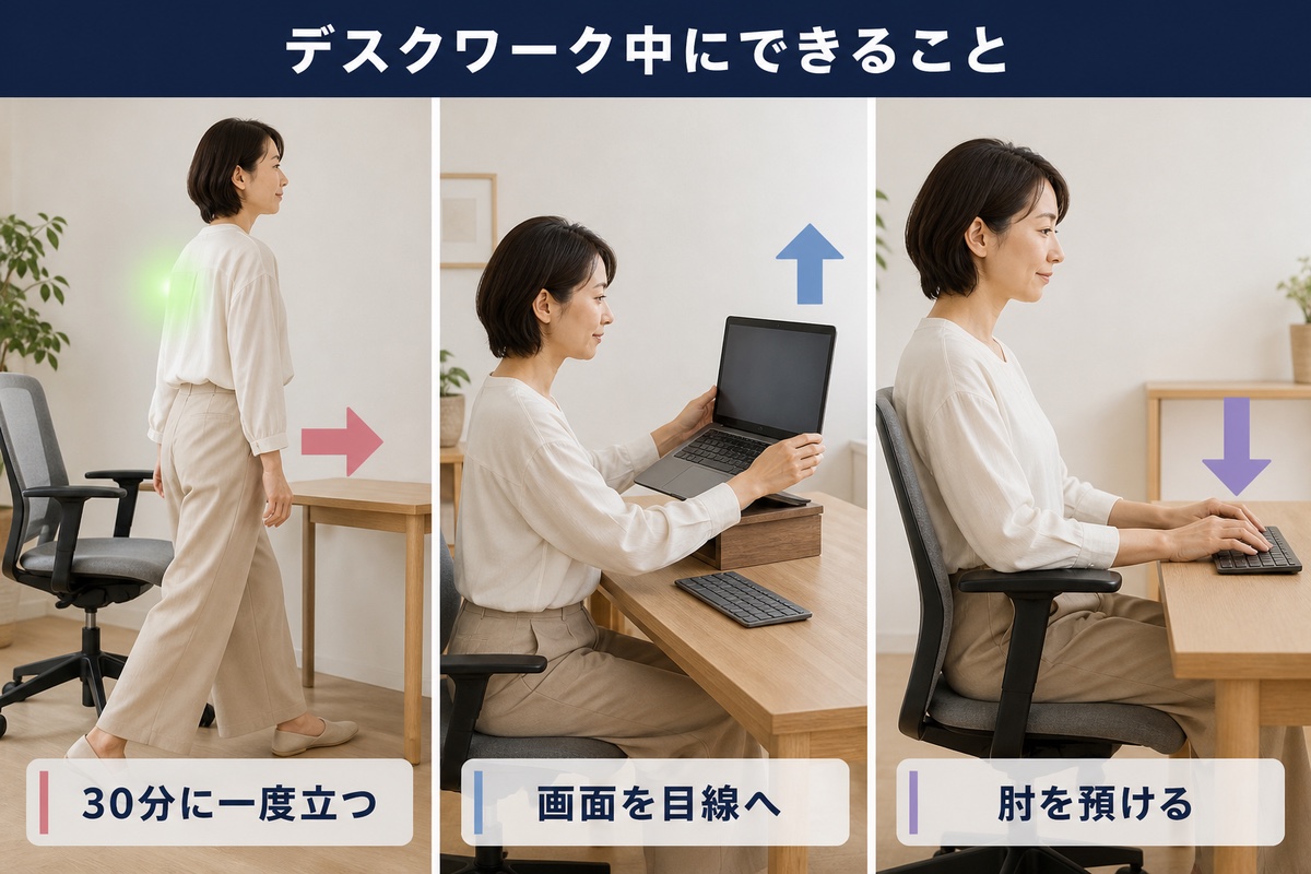 デスクワーク中にできること。30分に一度立つ、画面を目線へ、肘を預ける