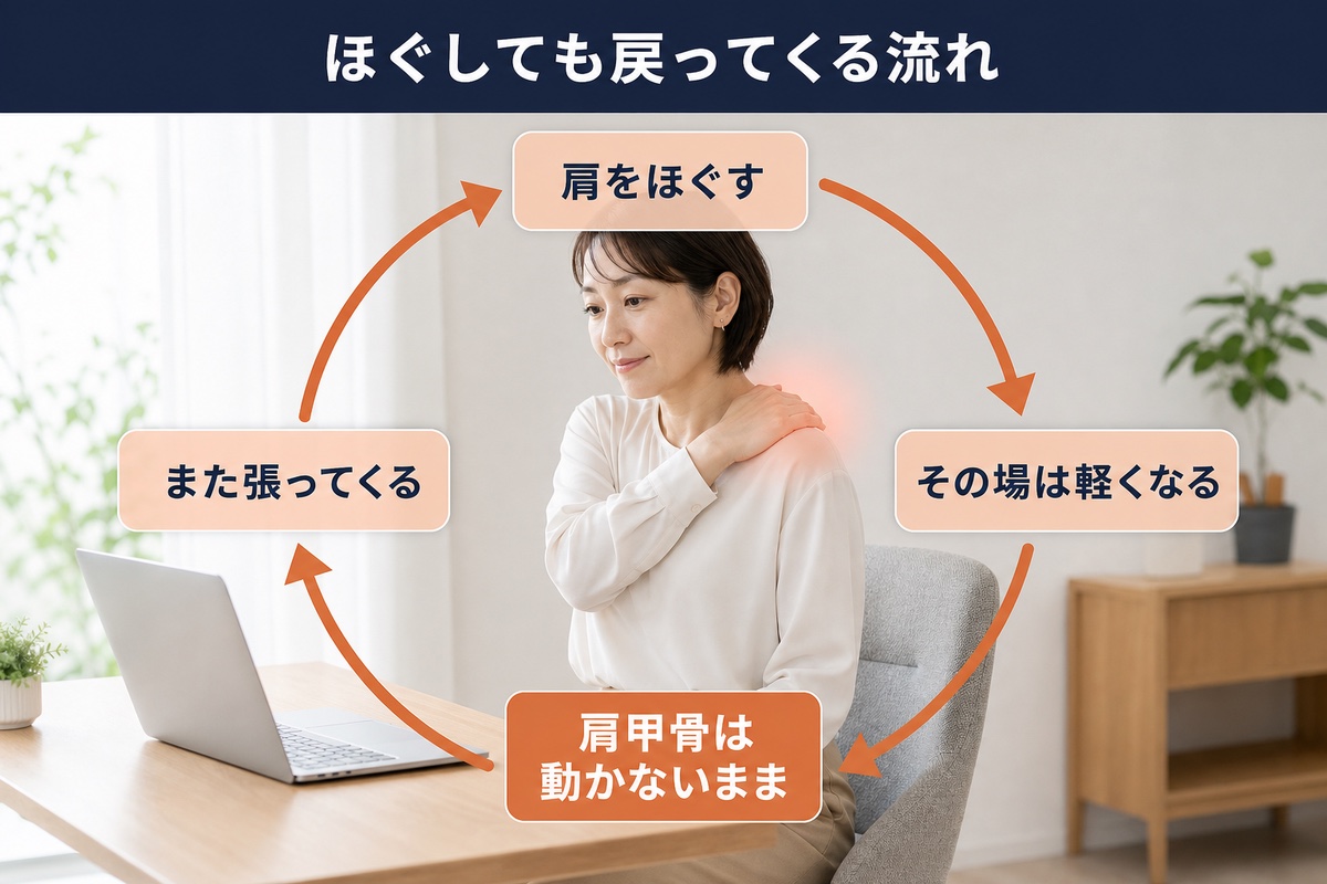 ほぐしても戻ってくる流れ。肩をほぐす、その場は軽くなる、肩甲骨は動かないまま、また張ってくる