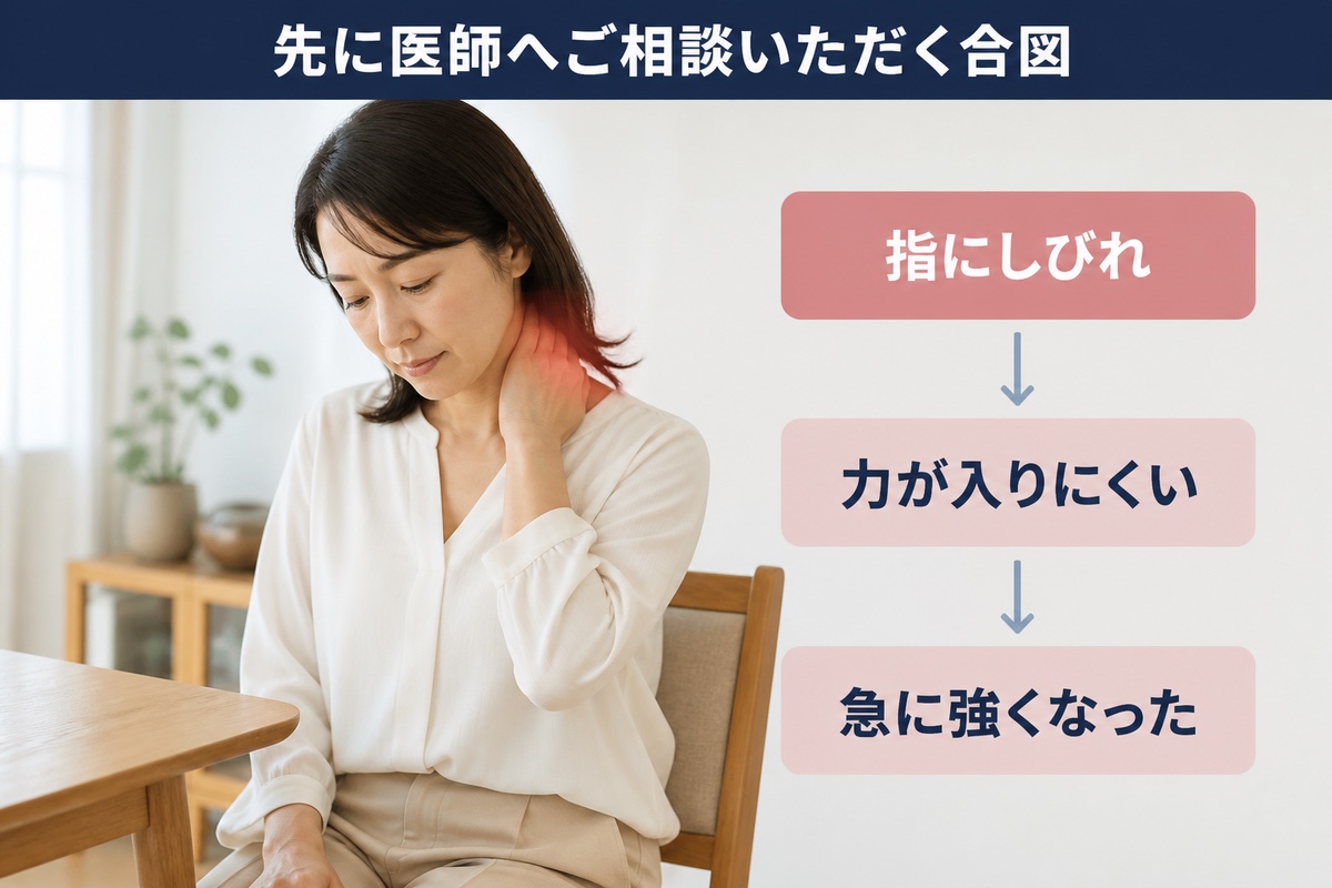 先に医師へご相談いただく合図。指にしびれ、力が入りにくい、急に強くなった