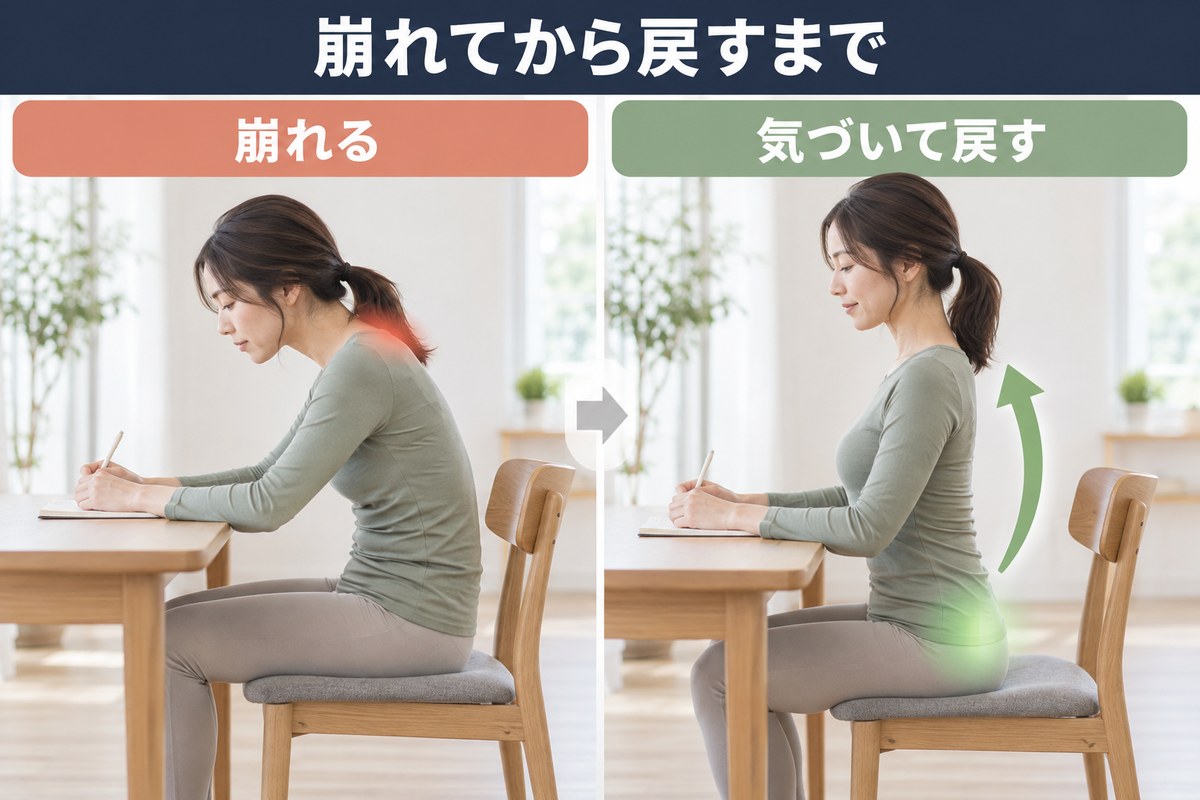姿勢の変化。崩れた状態と、崩れたことに気づいて戻した状態