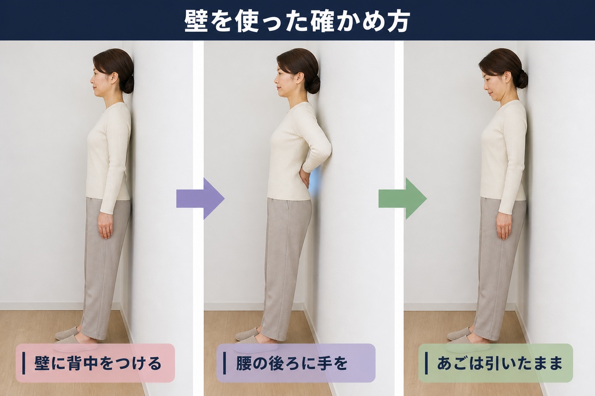 壁を使った確かめ方。壁に背中をつけ、腰の後ろに手を入れ、あごは引いたまま