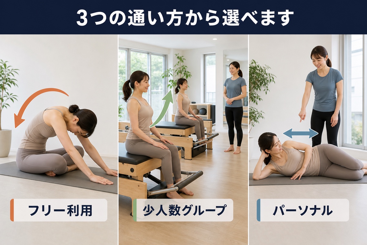 3つの通い方から選べます。フリー利用、少人数グループ、パーソナル