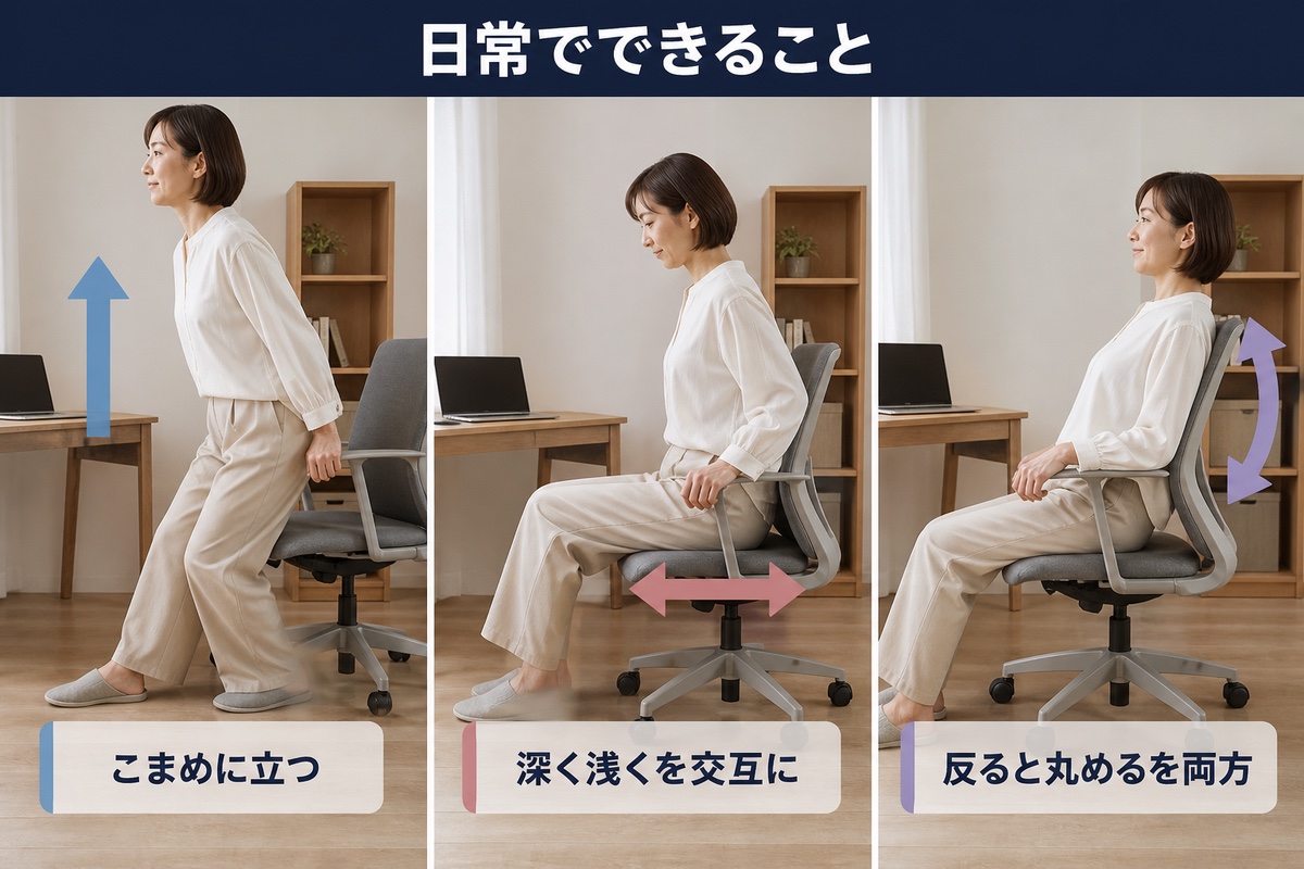 日常でできること。こまめに立つ、深く浅くを交互に、反ると丸めるを両方