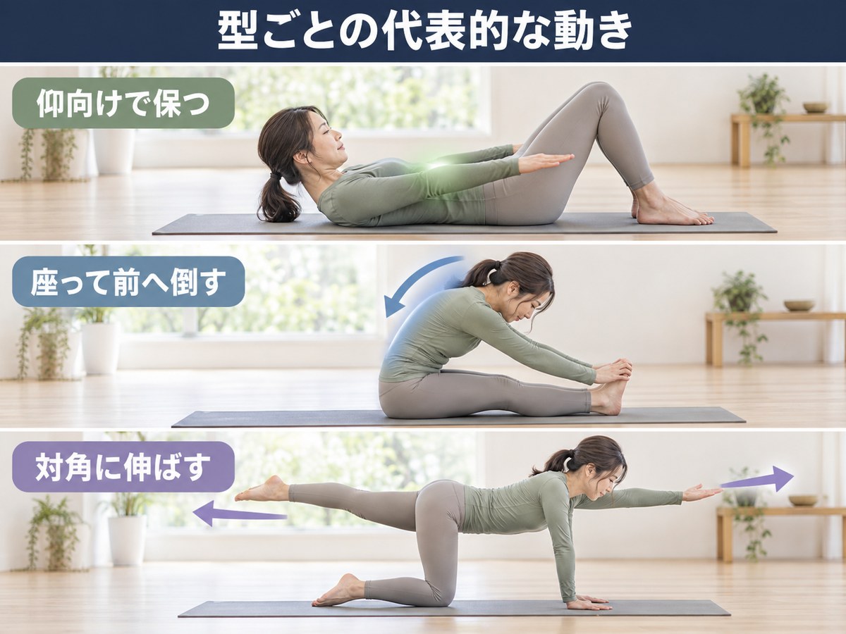 型ごとの代表的なポーズ。寝て支える型、座って伸ばす型、四つ這いで保つ型の順に並ぶ