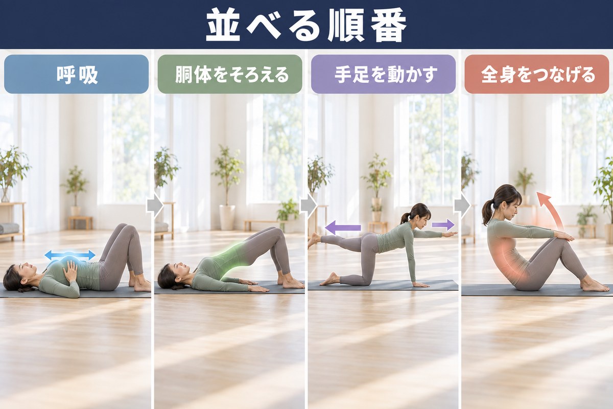 ポーズを並べる順番。呼吸、胴体の位置合わせ、四肢の動き、全身の連動の4段階