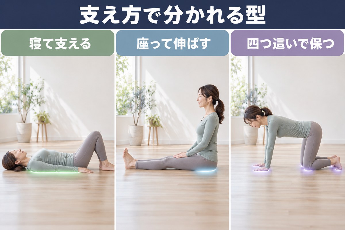 ピラティスのポーズの3つの型。寝て支える、座って伸ばす、四つ這いで保つ