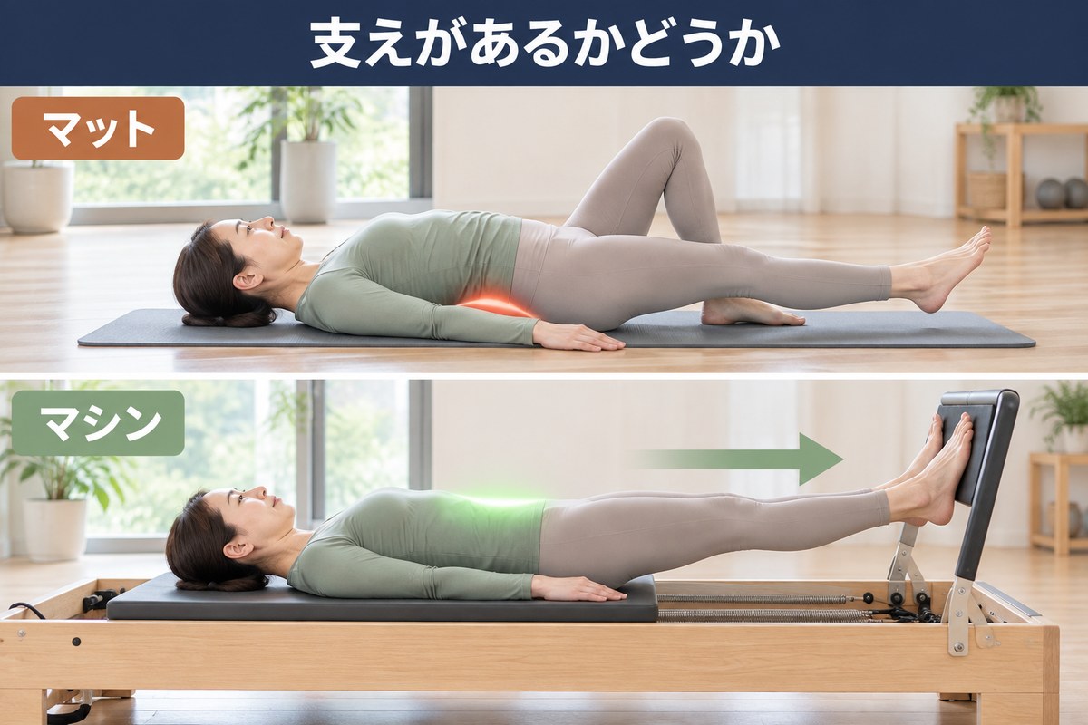 同じポーズをマットで行う場合とマシンで行う場合の違い。支えがあるかどうかで腰の反りが変わる