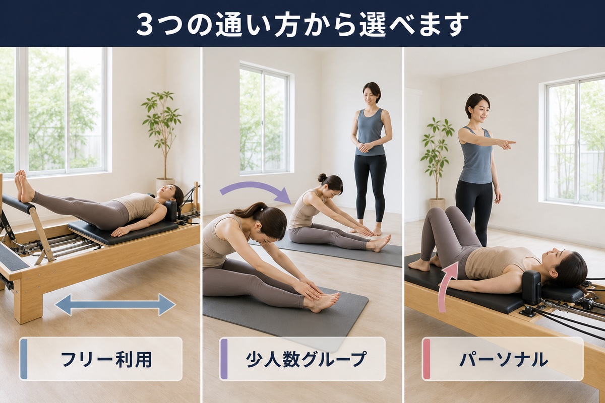 3つの通い方から選べます。フリー利用、少人数グループ、パーソナル