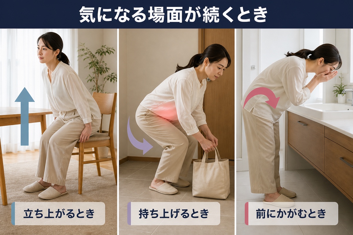 気になる場面が続くとき。立ち上がるとき、持ち上げるとき、前にかがむとき