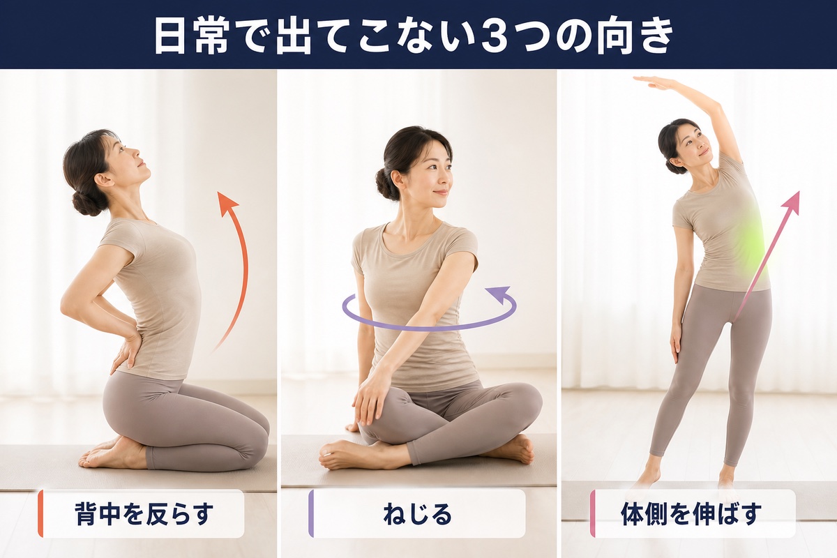 日常で出てこない3つの向き。背中を反らす、ねじる、体側を伸ばす