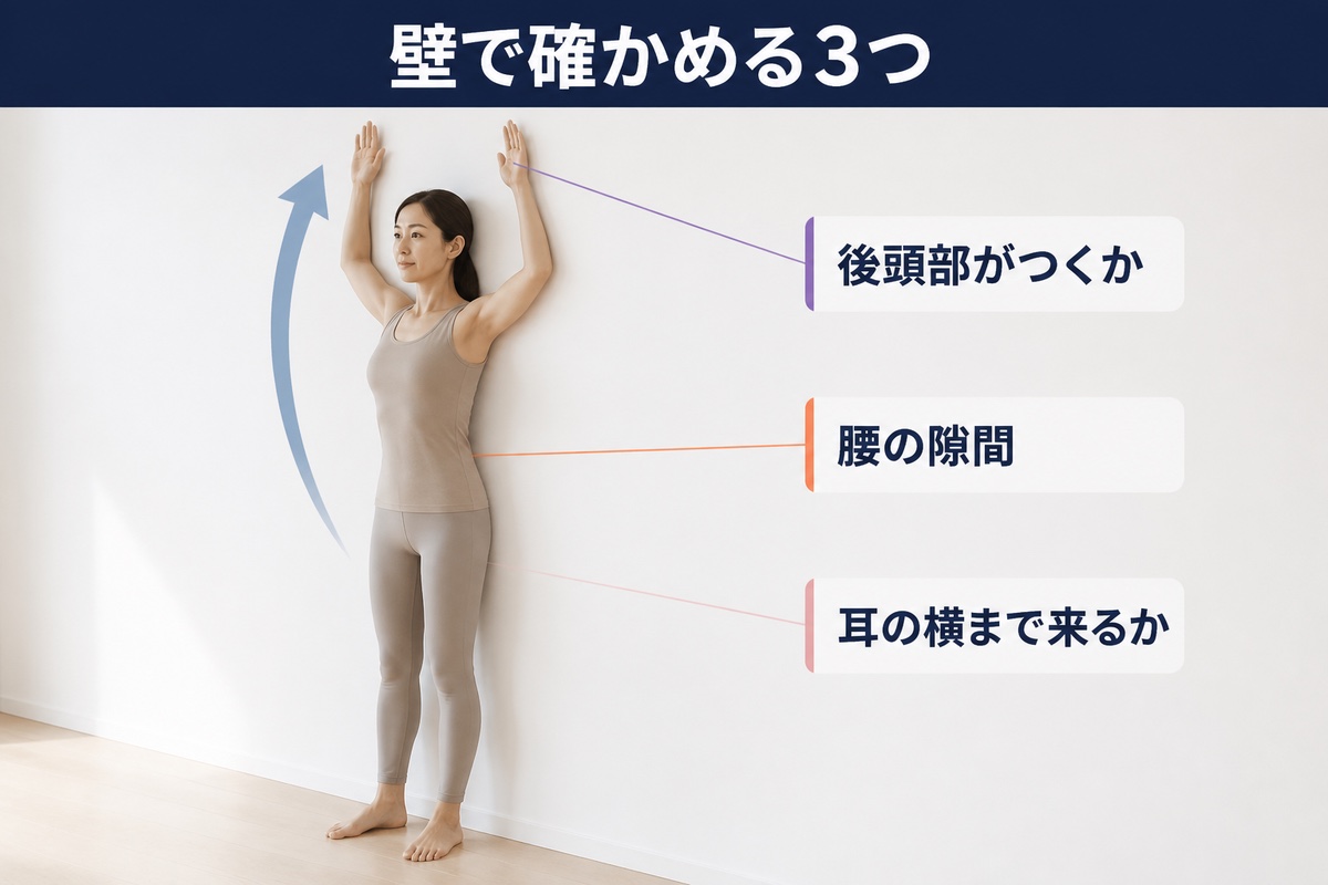 壁で確かめる3つ。後頭部がつくか、腰の隙間、腕が耳の横まで来るか
