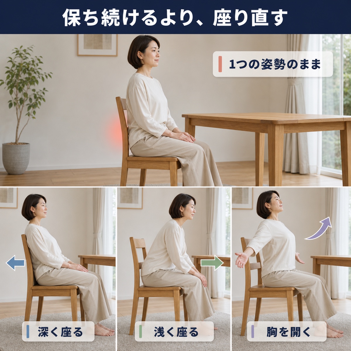 保ち続けるより、座り直す。1つの姿勢のままと、深く座る・浅く座る・胸を開くの行き来