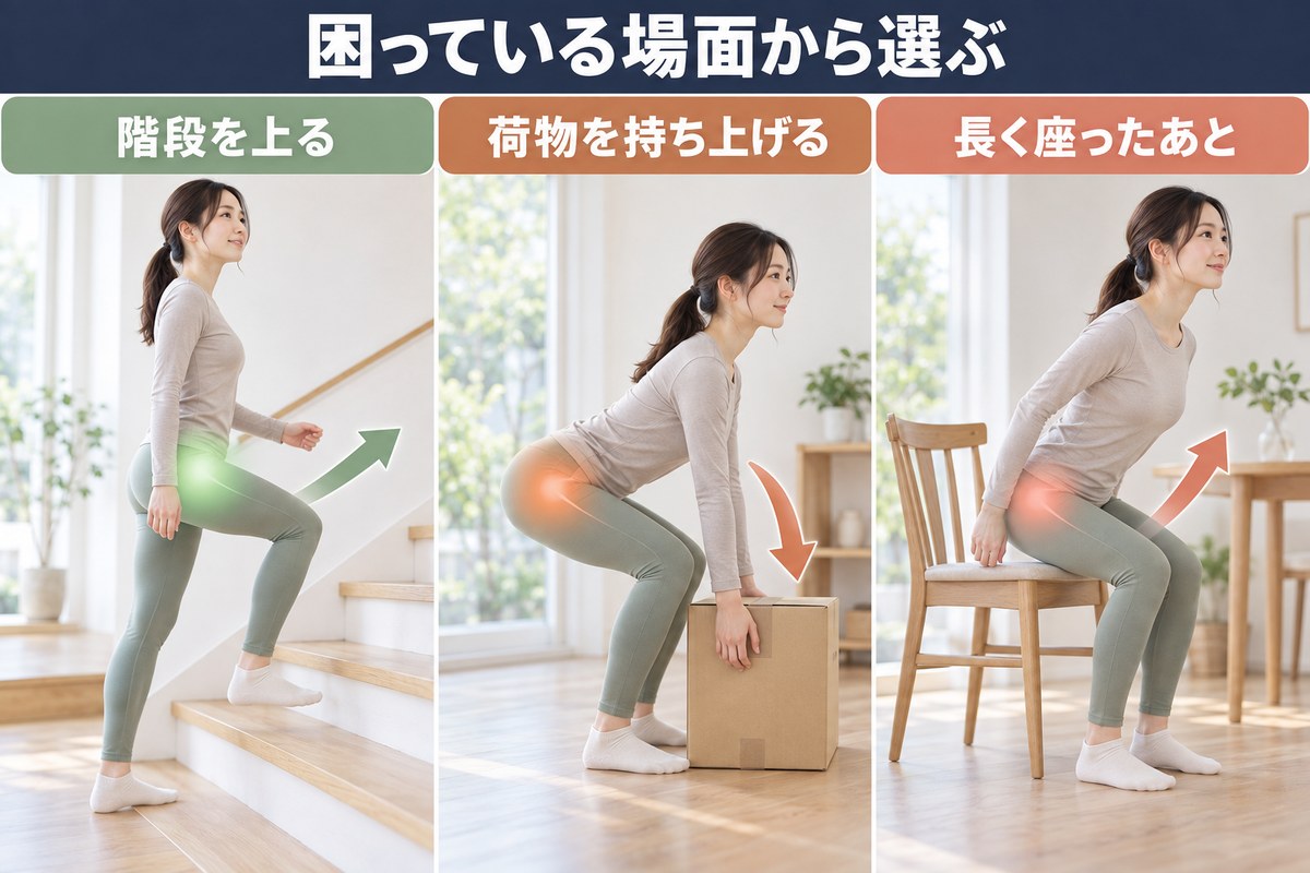 困っている場面から選ぶ。階段、荷物を持ち上げる、長く座る