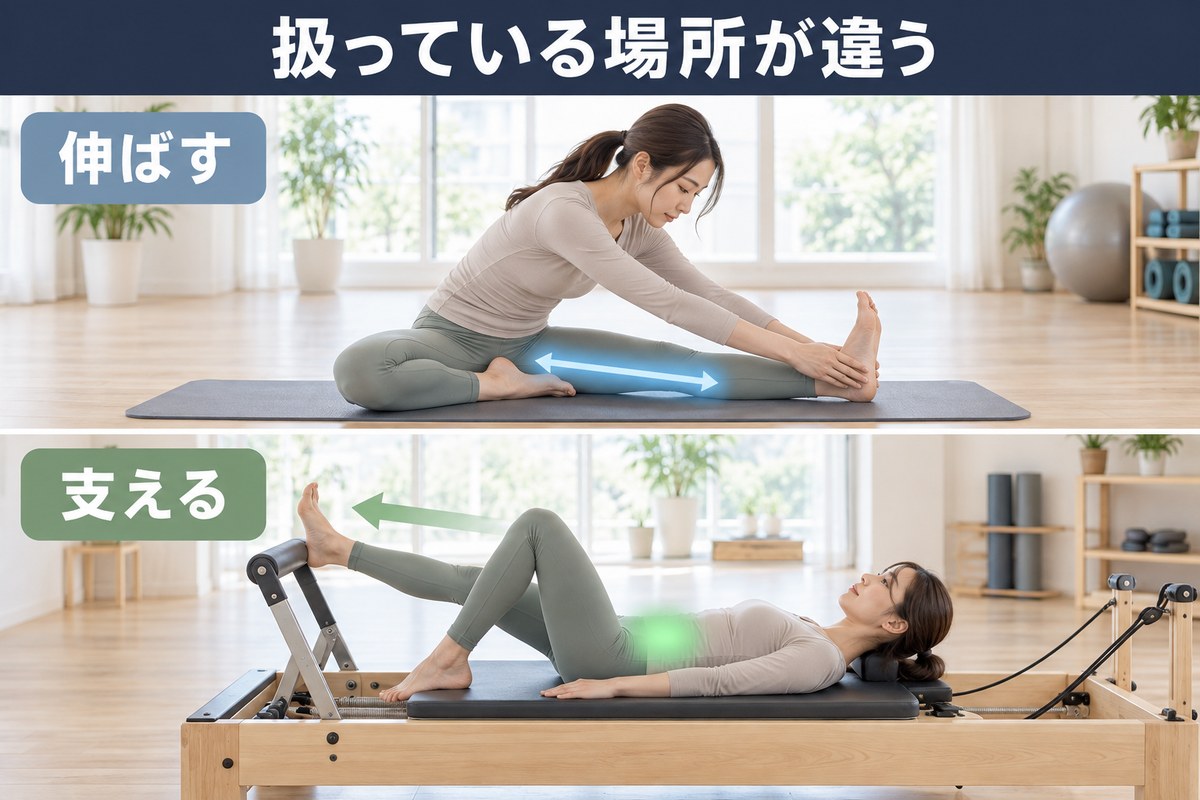 ストレッチとピラティスの違い。筋肉を伸ばすことと、身体を支えることの対比