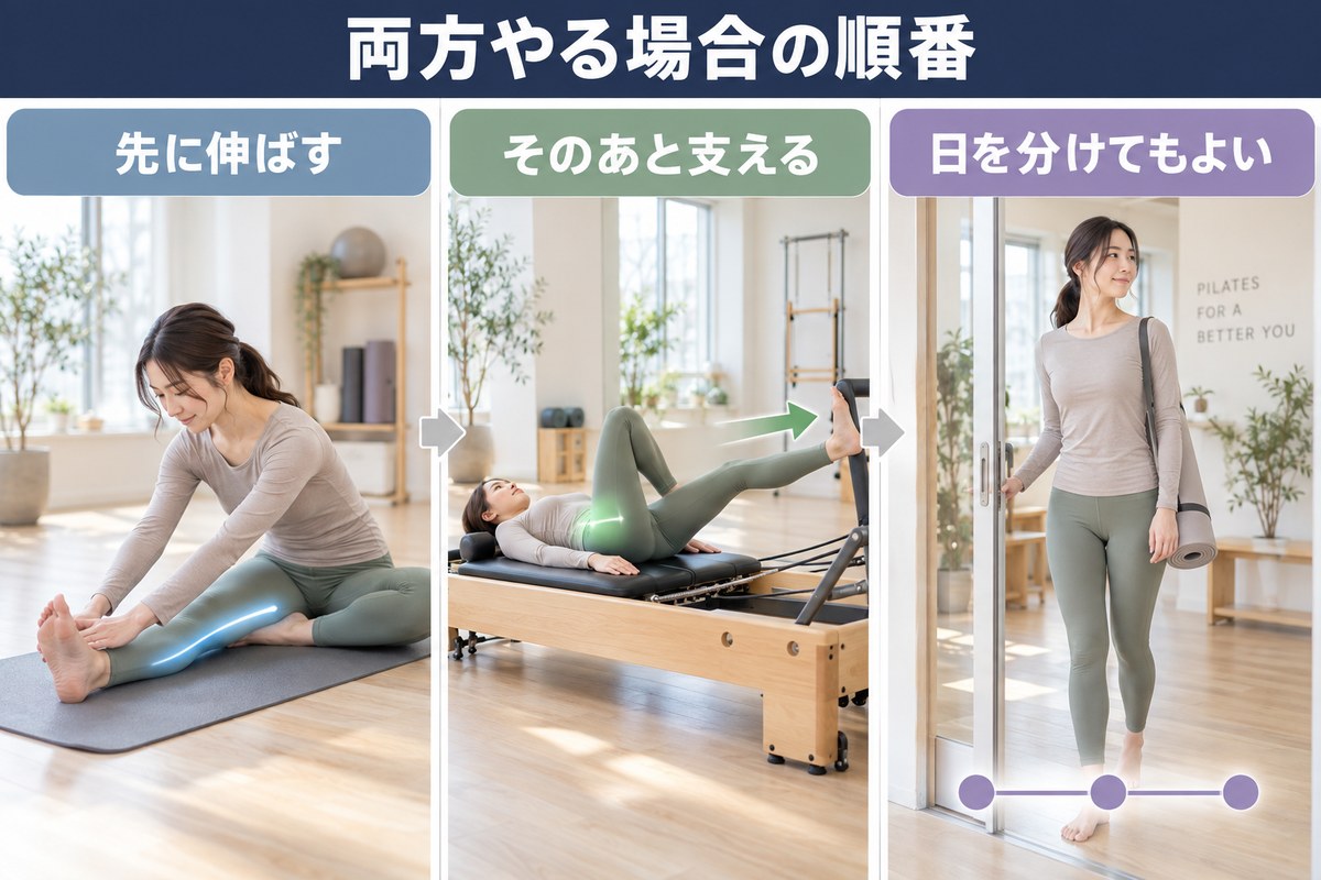両方やる場合の順番。伸ばしてから支える、同じ日に詰め込まない