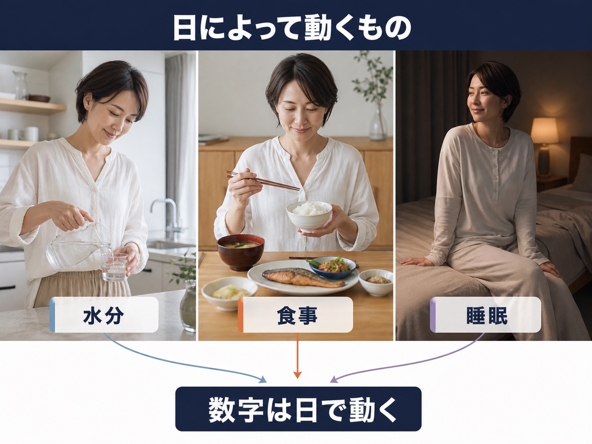 日によって動くもの。水分、食事、睡眠で数字は日ごとに動く