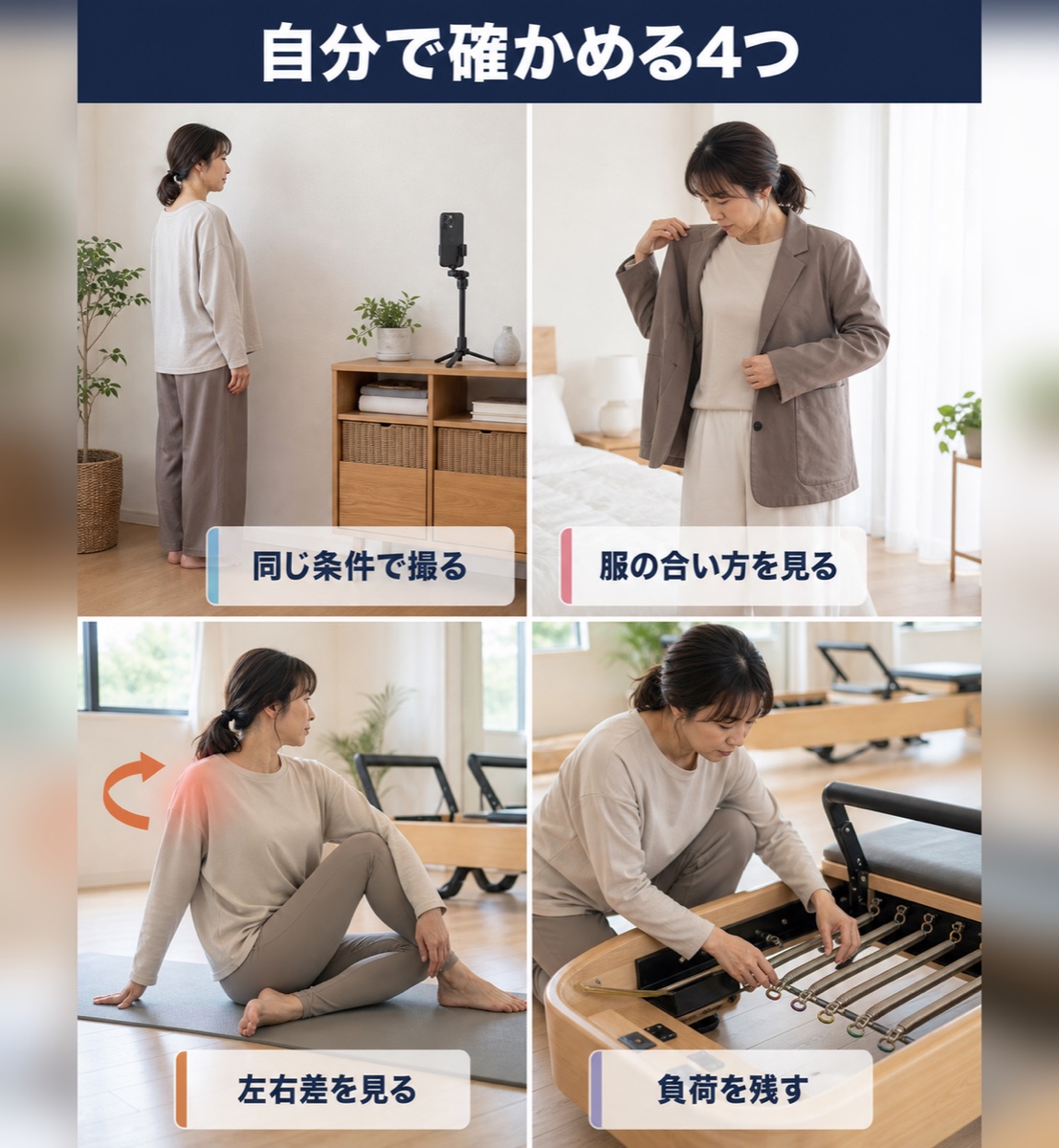 自分で確かめる4つ。同じ条件で撮る、服の合い方を見る、左右差を見る、負荷を残す