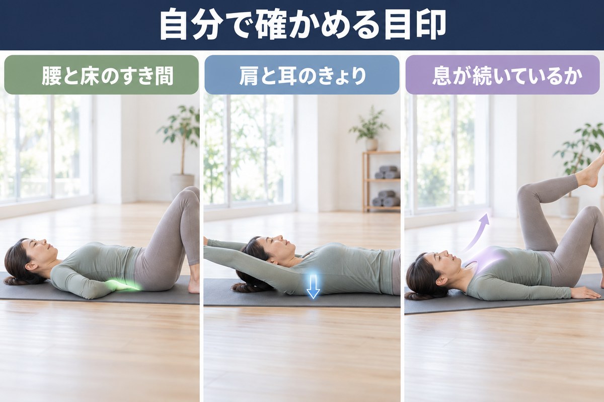 やり方を確かめる3つの目印。腰と床の隙間、肩と耳の距離、息が続いているか