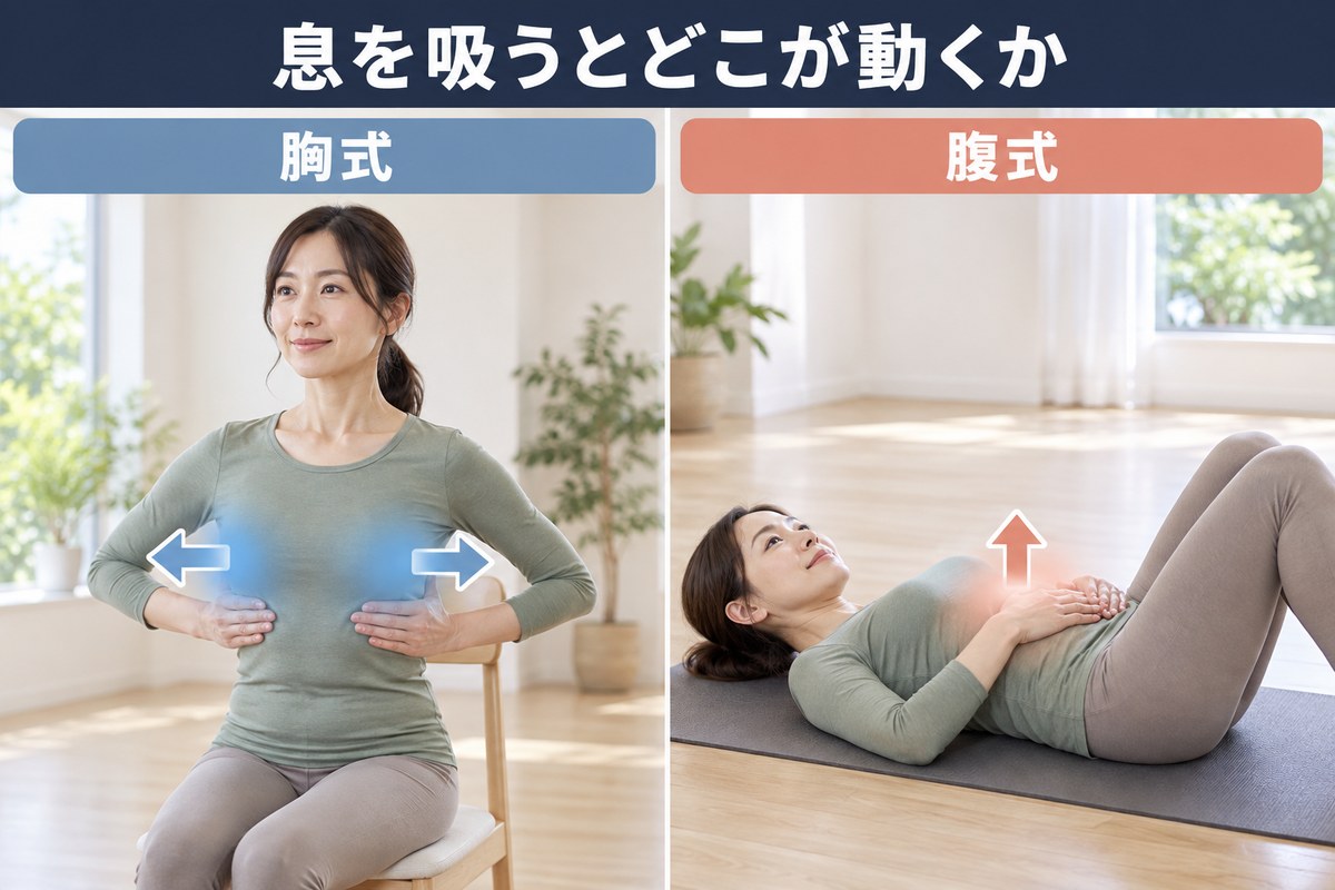 胸式呼吸と腹式呼吸の違い。胸式は肋骨が横に広がり、腹式はお腹がふくらむ