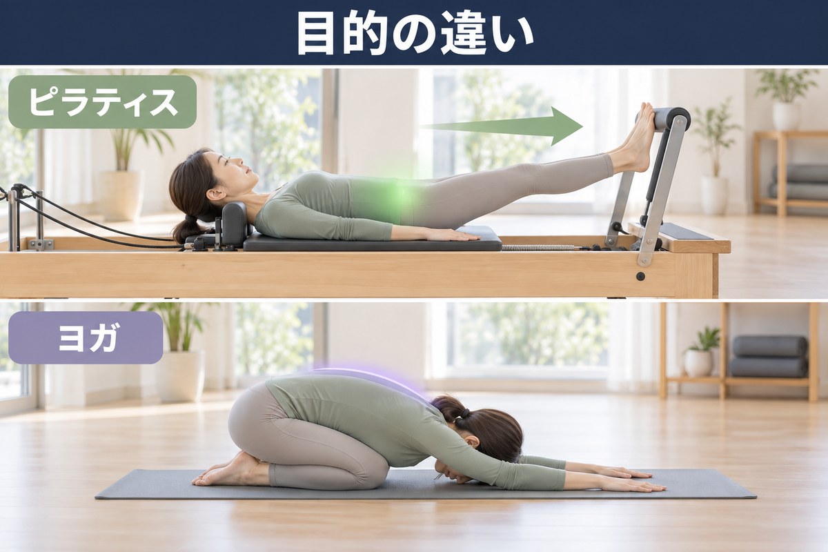 ピラティスとヨガの目的の違い。ピラティスは動かし方を組み立て直す、ヨガは呼吸と姿勢で整える