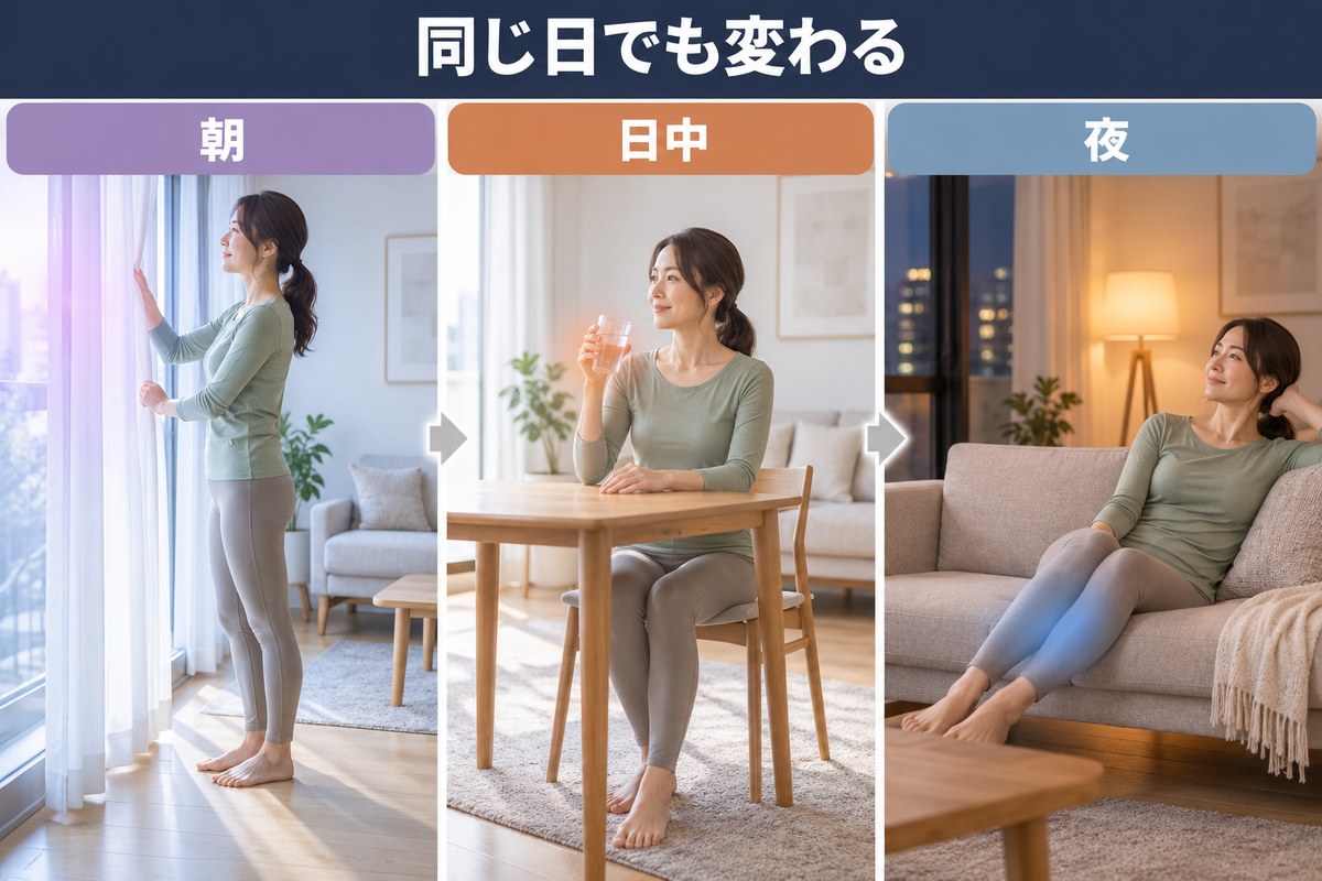 朝・日中・夜で身体の状態が変わることを示す3コマ