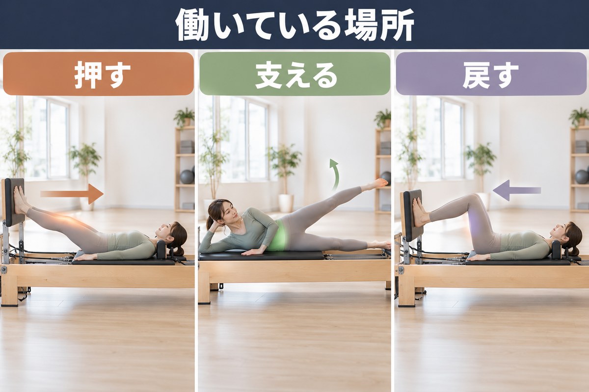 動きの中で筋肉が働いている場面を3つ並べたもの