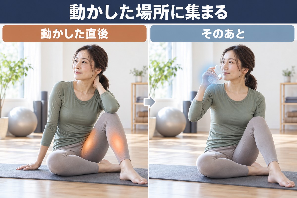 運動した直後と、その後に水分をとる場面