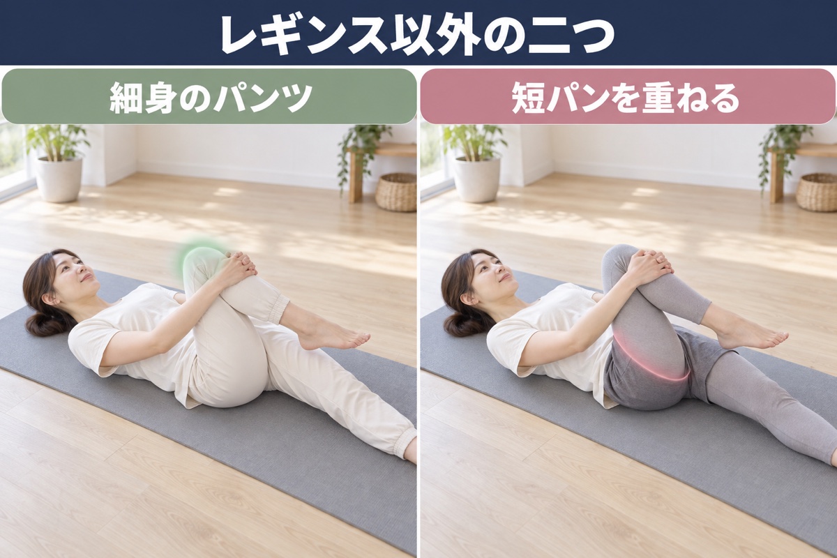 レギンスを履かない2つの形。細身のジョガーパンツと、レギンスの上に短パンを重ねた形